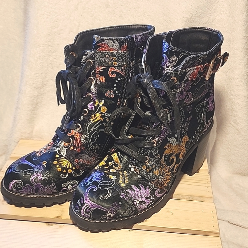 Diba Carryn Black Colorful Floral  Embroidery Heeled Boots - 8.5